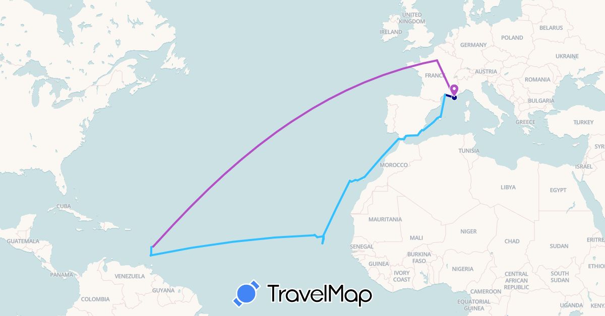 TravelMap itinerary: driving, train, boat in Cape Verde, Spain, France, Grenada, Morocco, Saint Vincent and the Grenadines (Africa, Europe, North America)